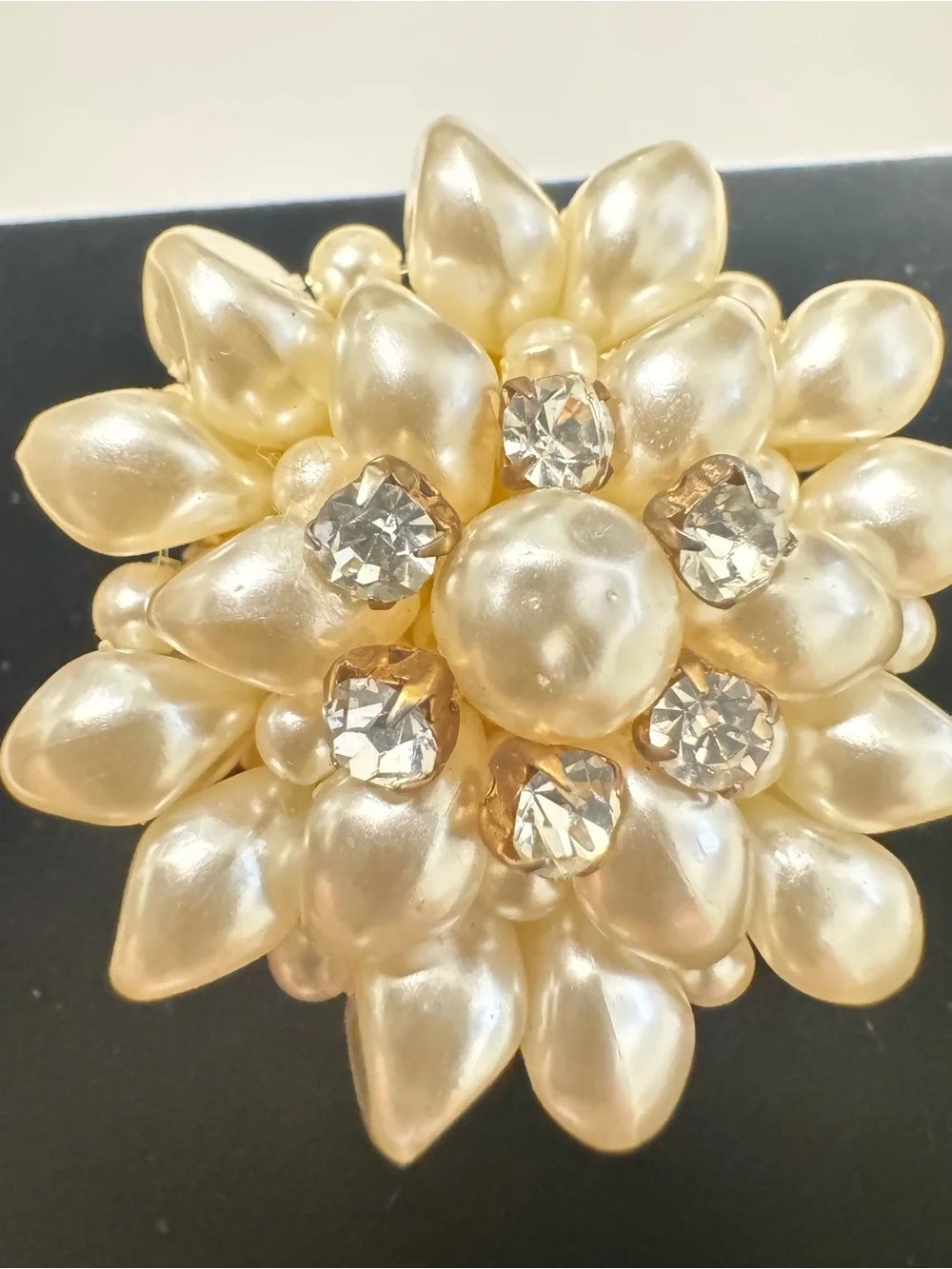 Vintage Pearl Cluster Floral Brooch with Clear Crystals - Cream